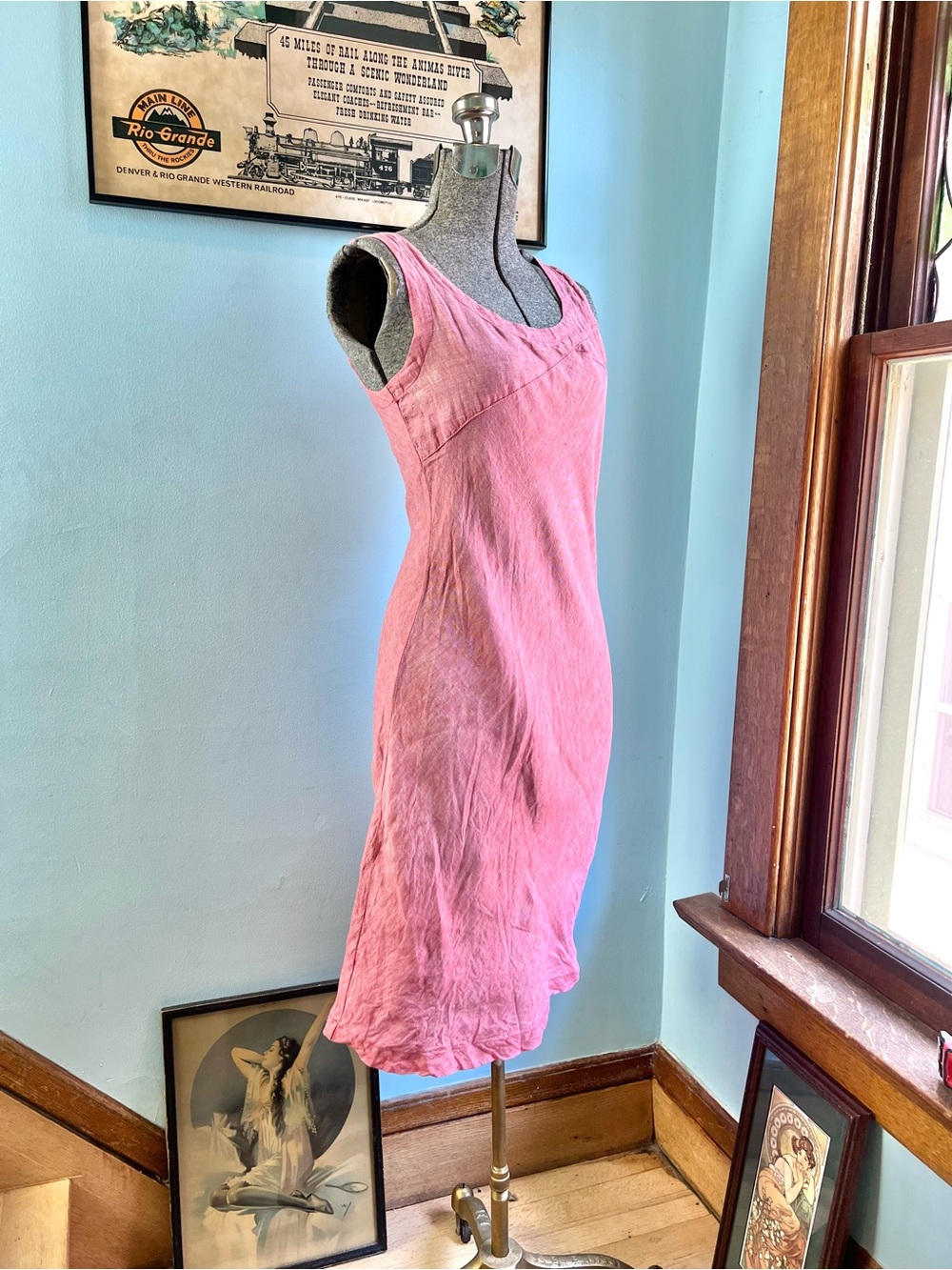 Sleeveless Pink Red Linen Shift Dress - Women